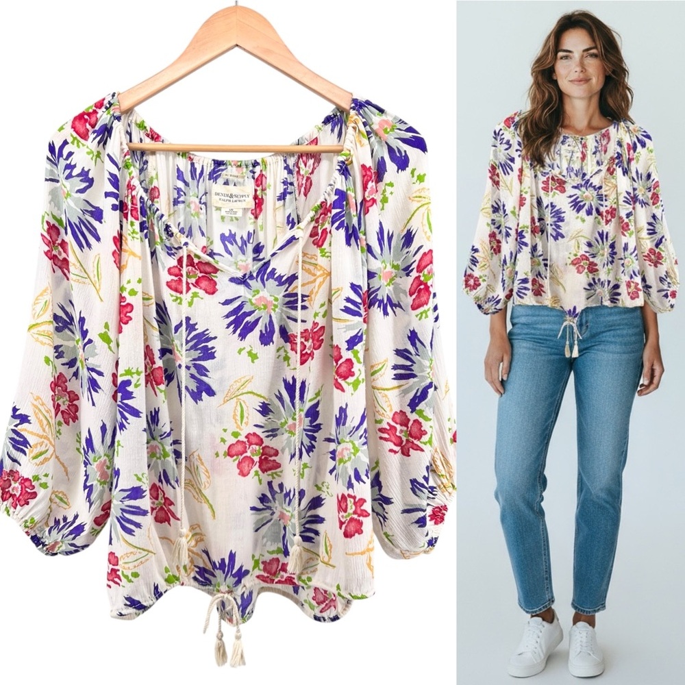 Denim & Supply Ralph Lauren Peasant Top Sz L Colorful Floral Tassel Ties Gauzy
